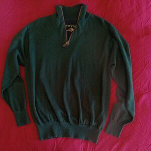 Orvis 100% MERINO WOOL Forest Green 1/4-Zip Sweater w/Leather Zipper Trim